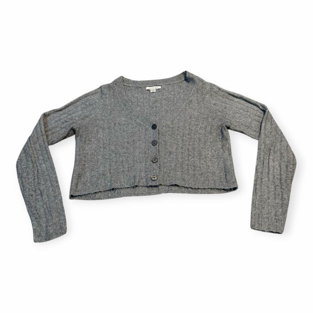 AMERICAN EAGLE AEO Women’s Gray Long Sleeve Ribbed Button Front Cropped Cardigan